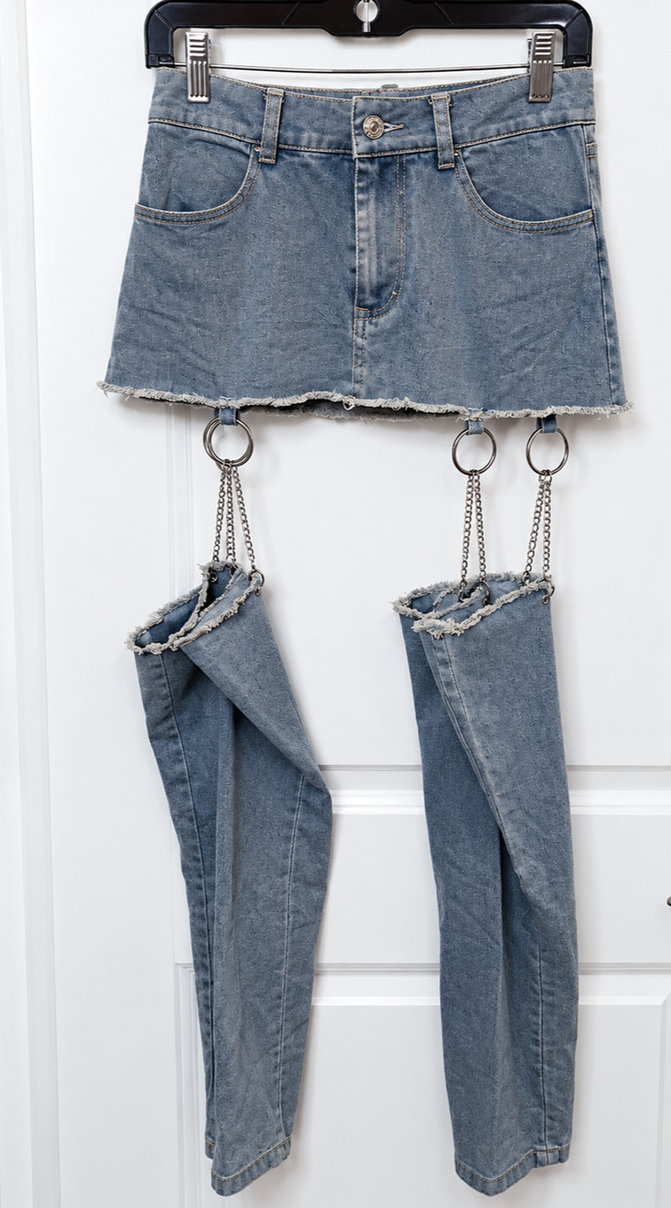 Y2K Shein Denim Cutout Chaps Mini Skirt Women Medium Blue Chain Ring Punk Grunge